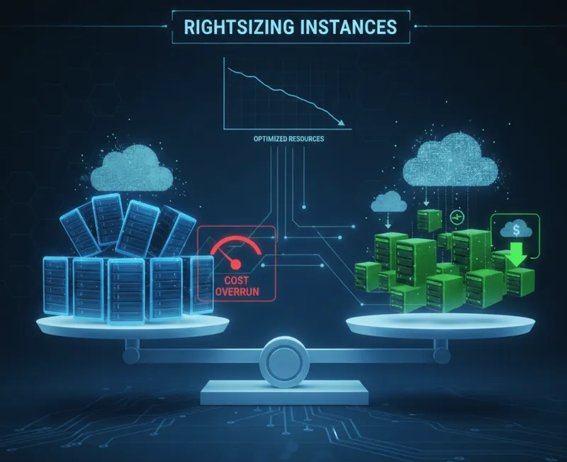 Illustration of a cloud cost dashboard with a downward spending trend
