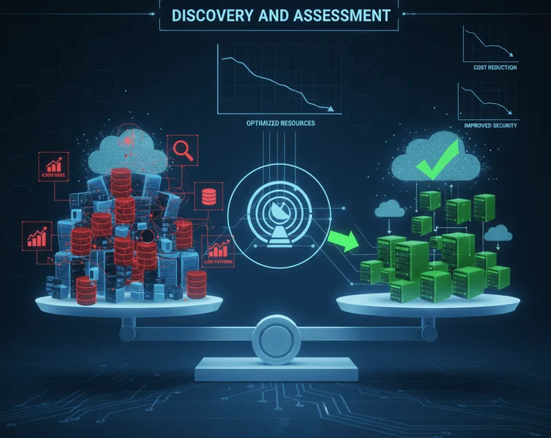 Illustration of cloud infrastructure components being inspected against a checklist