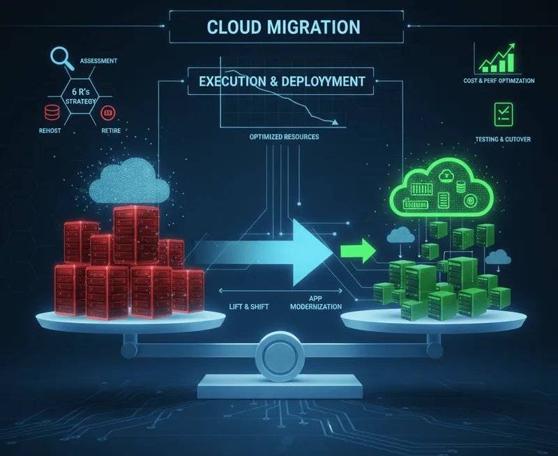 Illustration of applications and data moving from an on-premises server to the cloud