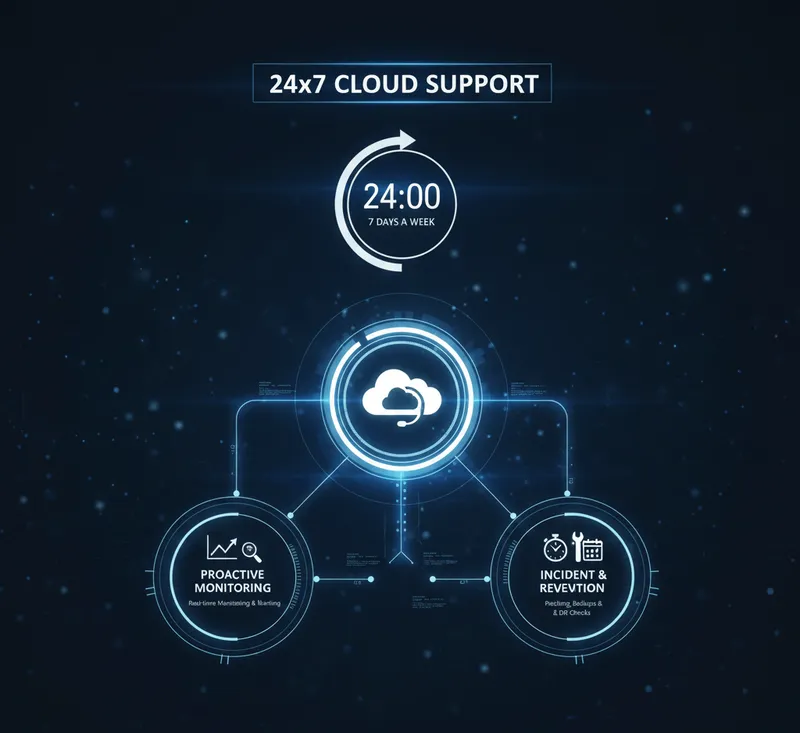 Illustration of a support engineer with a headset monitoring cloud health around the clock