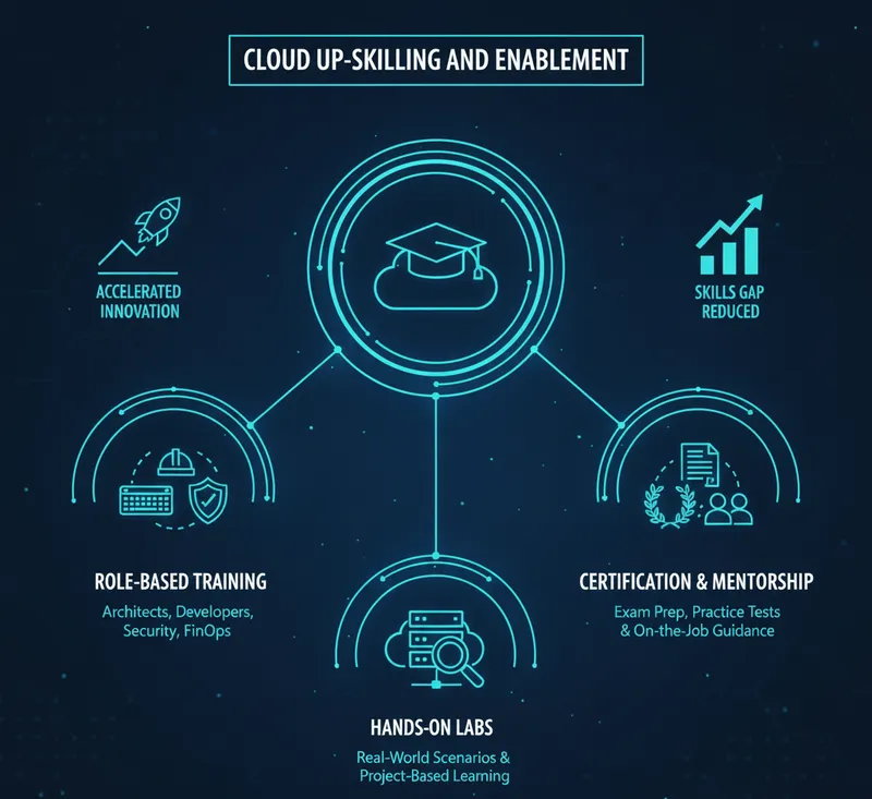 Illustration of a team learning cloud skills with a graduation cap and course material
